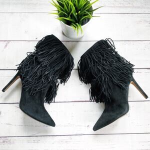 NWOT SAM EDELMAN Belinda Fringe Suede Heeled Booties Black Size 6.5